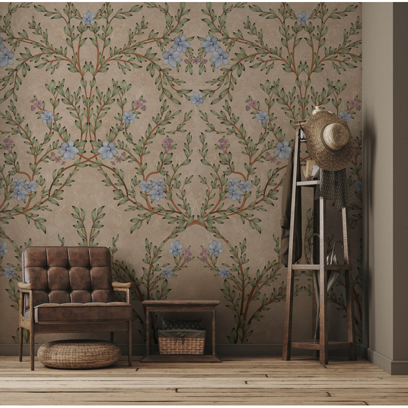 Vintage Branches Soft Blue Blooms Pattern Wallpaper Mural, Beige, 110.04" L x 204" W