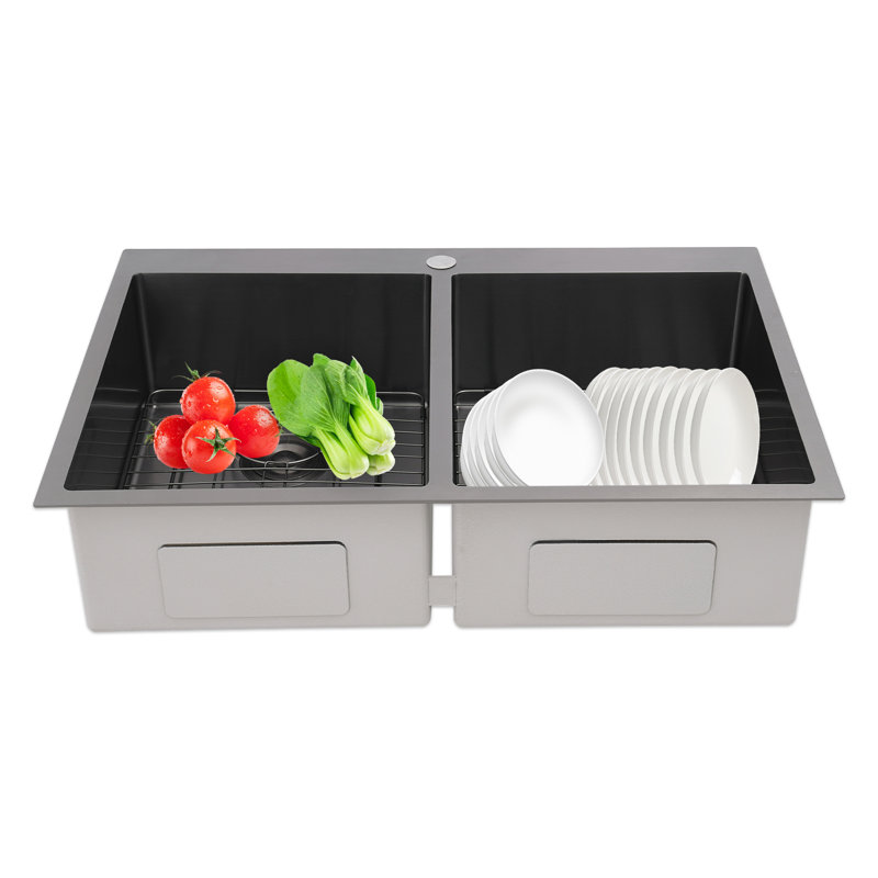 Modern Rectangular Stainless Steel Double Bowl Drop In Kitchen Sink With Drainage Grids, Gold