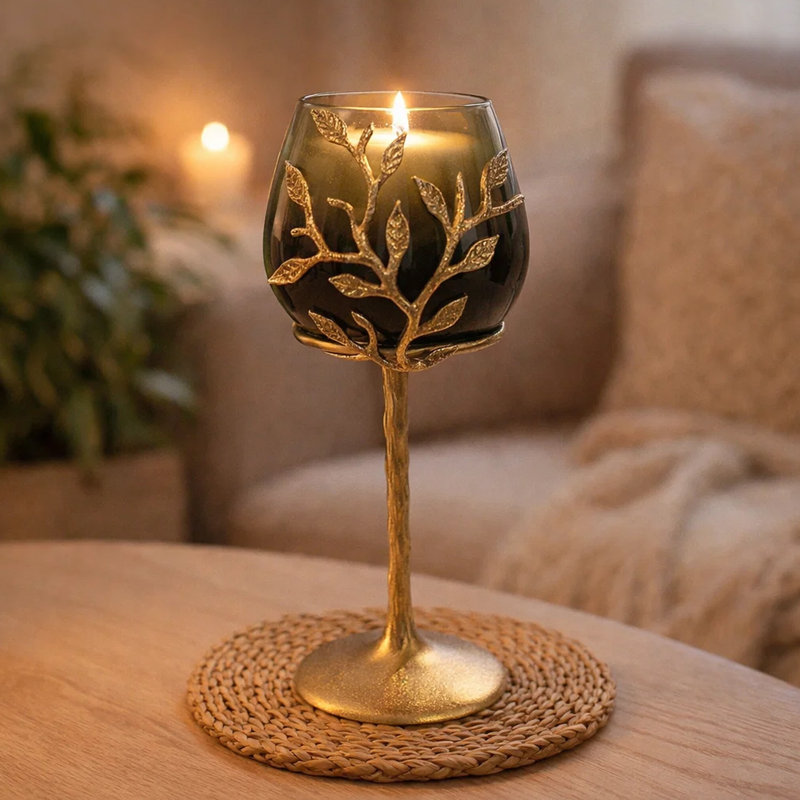 Keanu Small Candle Holder, Gold Capri Leaf Brass, Green Glass 13 Inch, 13" H x 6.5" W x 5.5" D