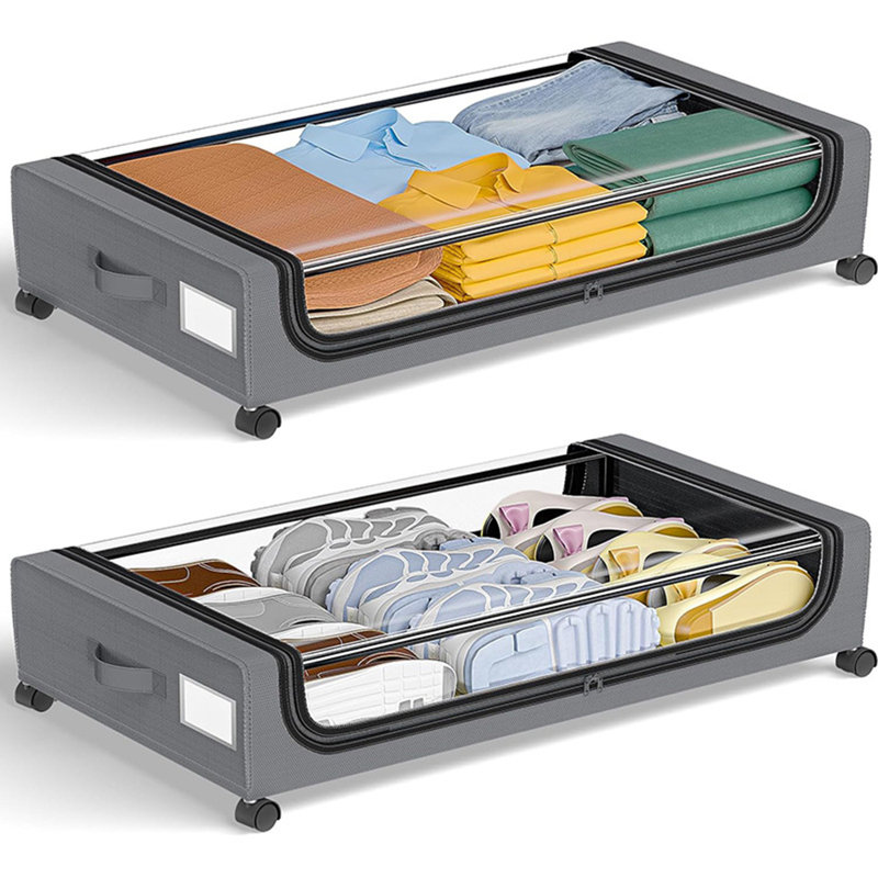 Rebrilliant Square Under-Bed Storage Box with Wheels, Transparent Window, Grayk