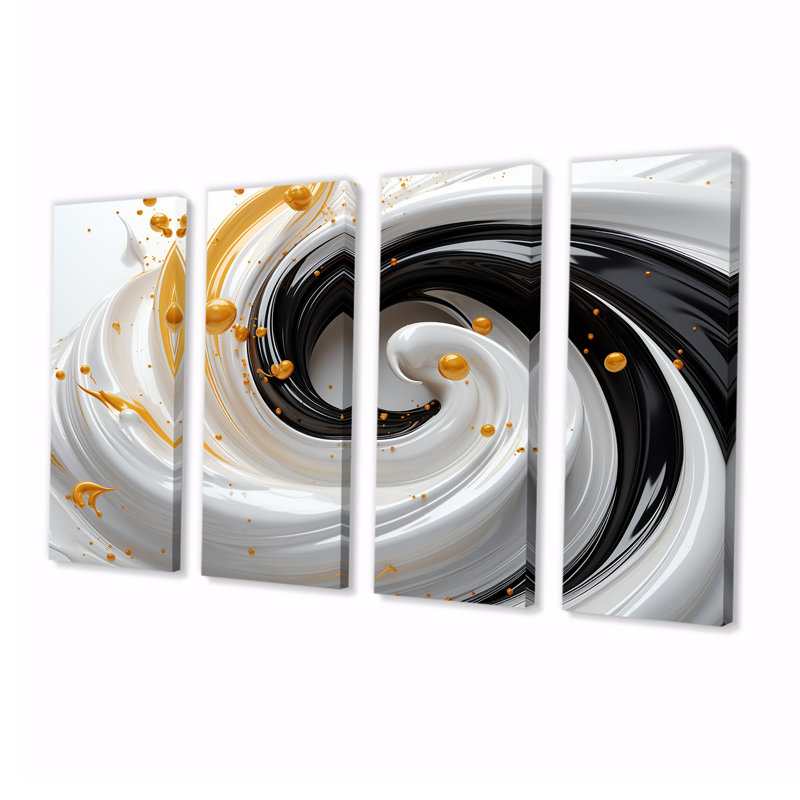 Tourbillon jaune, noir, blanc, spirales abstraites, ensemble de 4 pièces, H 32 po x l 64 po