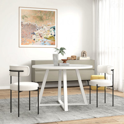 Ensemble de salle à manger 3 pièces: table ronde à tréteaux et 2 fauteuils bouclés