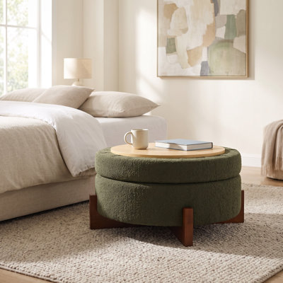 Pouf de rangement rond de 84 cm (33 po), table basse rembourrée en tissu Teddy avec plateau en bois amovible, grand repose-pieds avec rangement dissimulé, structure en pin et contreplaqué, capacité de charge de 136 kg (300 lb) pour le salon