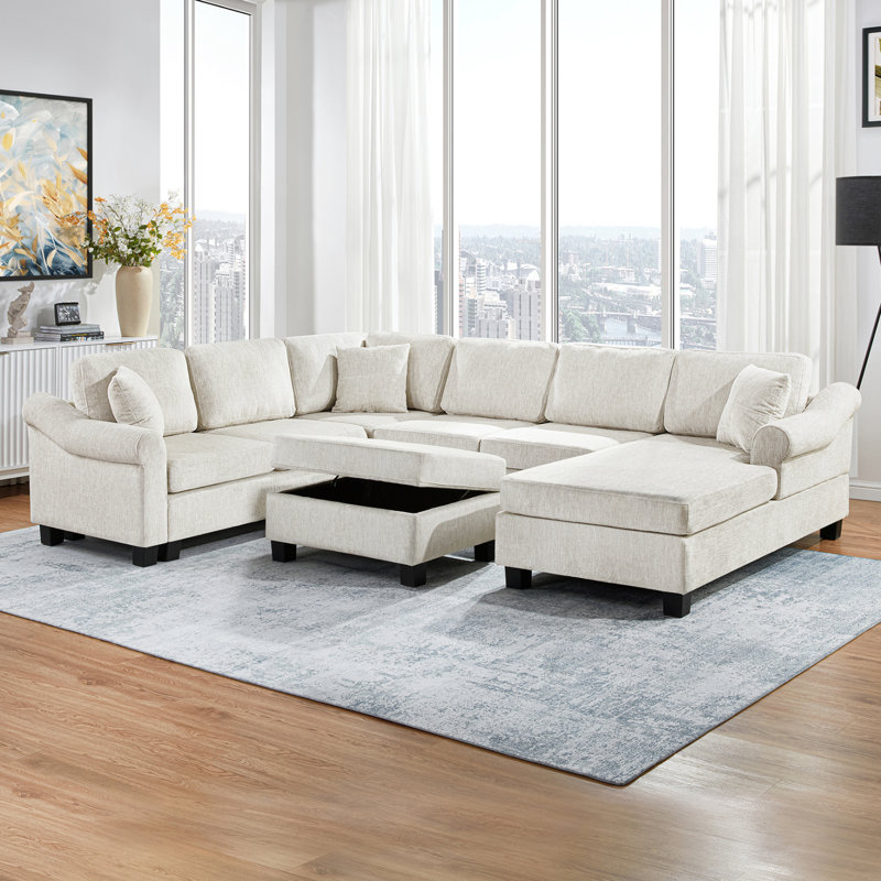 Canapé modulaire en U avec revêtement en chenille et repose-pieds avec rangement, Chenille blanche