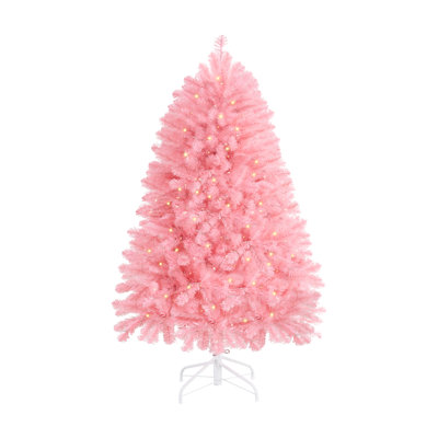 Pink Traditional Christmas Tree with Lights, Tree Pre-lit with Metal Stand