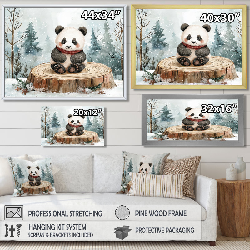 Marlborough, joli panda dans un paysage d'hiver - art mural panda, H 16 po x l 32 po, Impression encadrée flottante, Doré