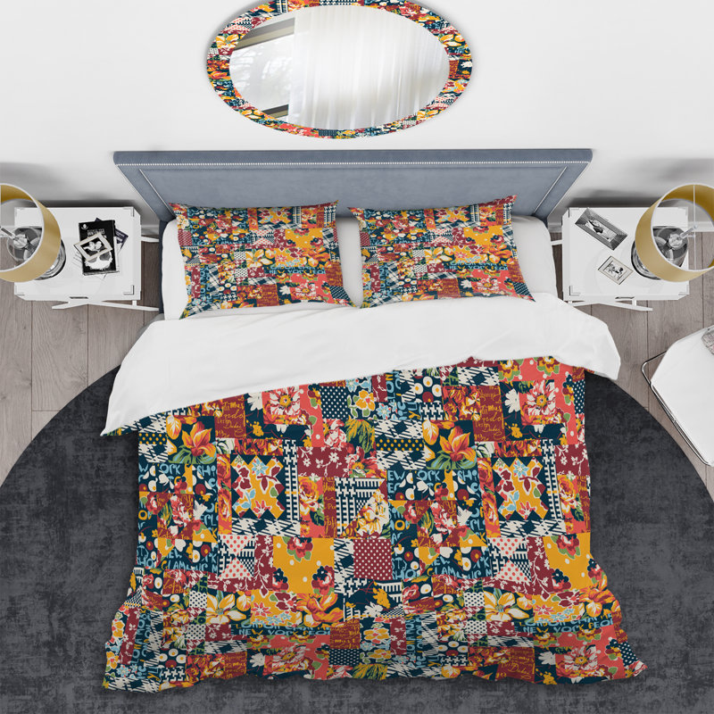 Patchwork jaune et bleu - ensemble de housse de couette abstrait - microfibre de polyester