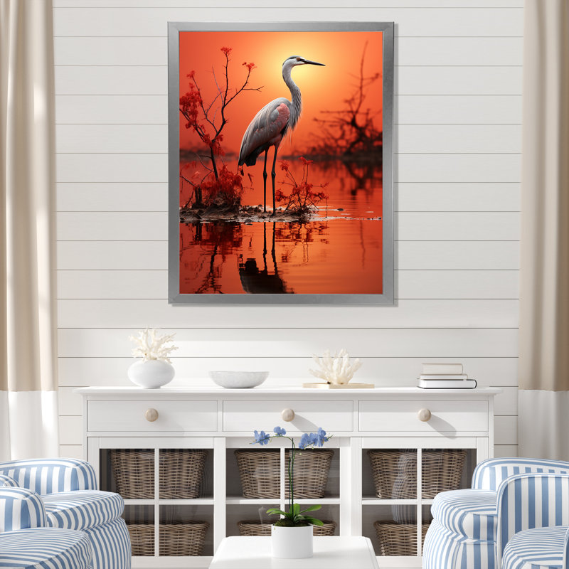 Flamant blanc élégant sur toile, Cadre simple argenté, H 44 po x l 34 po x P 1,5 po