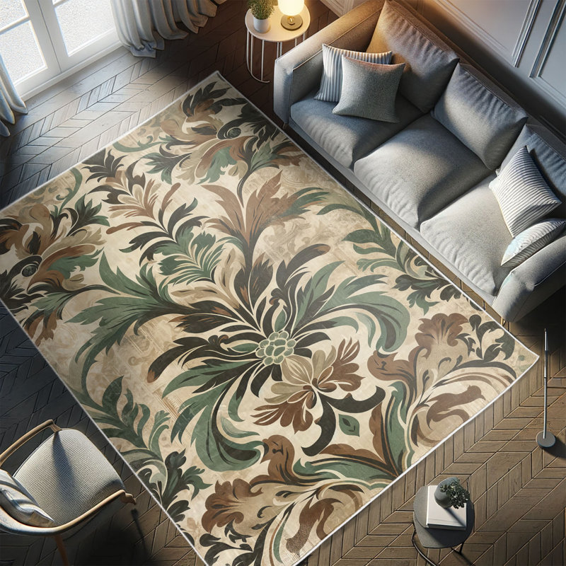 Bohemian Leafy Damask Beige and Green Synthetic Area Rug