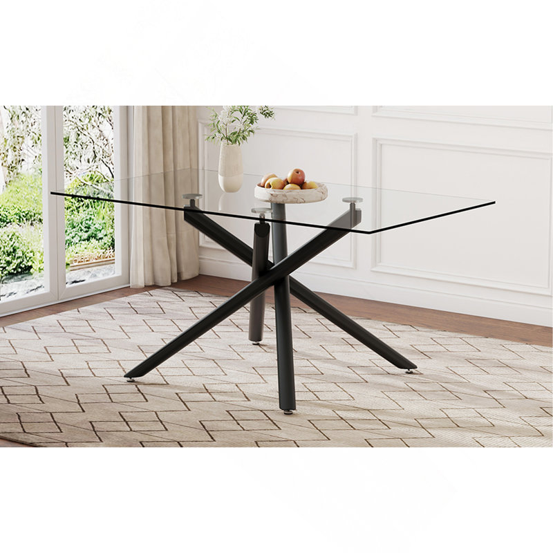 Grande table de salle à manger rectangulaire moderne en verre minimaliste pour 4 à 6 personnes avec plateau en verre trempé de 0,39 po et pieds en métal de couleur noire, pour la salle à manger, le salon, la salle de réunion et la salle de banquet.