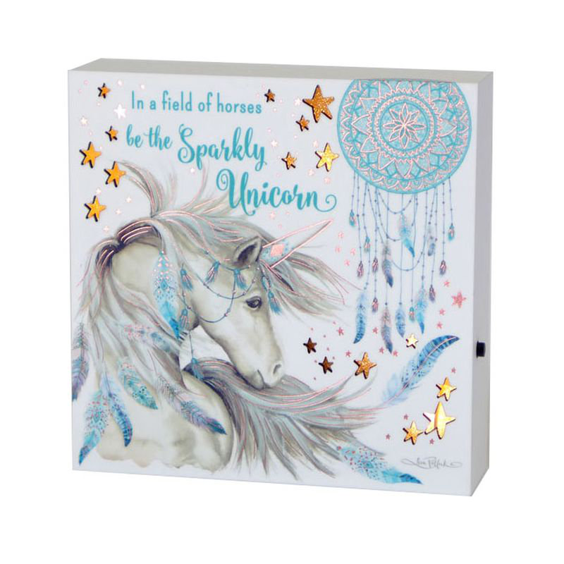 Licorne lumineuse et attrape-rêves avec texte - plaque de licorne scintillante