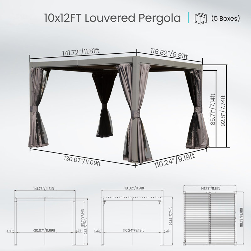 Pergola d'extérieur 10 x 12 pi avec persiennes réglables, Gris