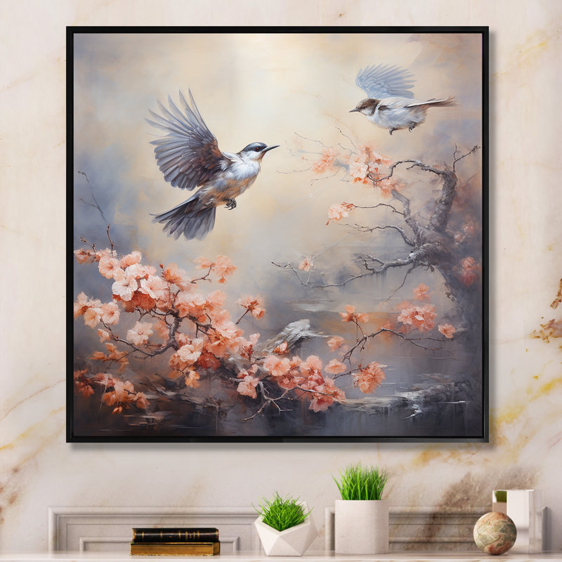 Vol de cerisier en fleurs au Japon III - Art mural oiseau, Cadre flottant noir, 16" H x 16" W