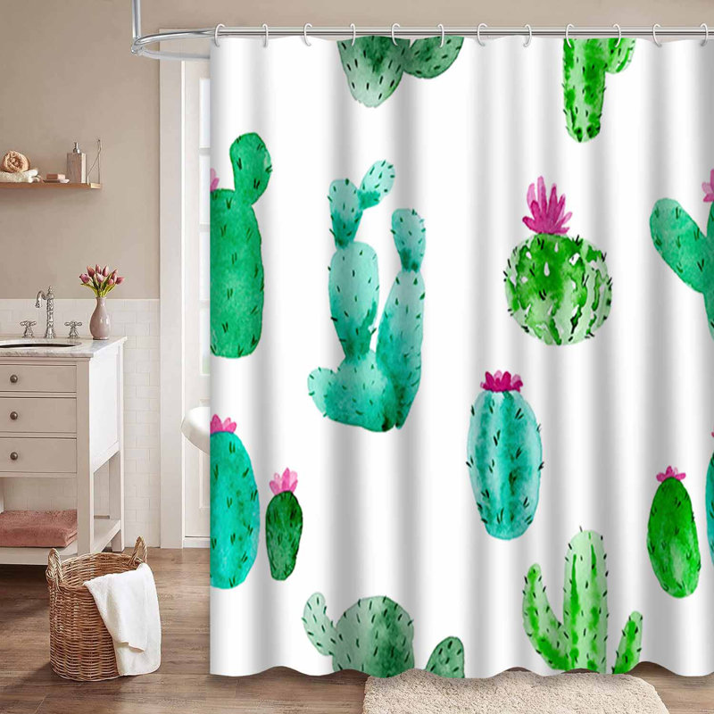 Rideau de douche imperméable à l'eau avec 12 crochets Watercolor Cactus, L 72 po x l 72 po