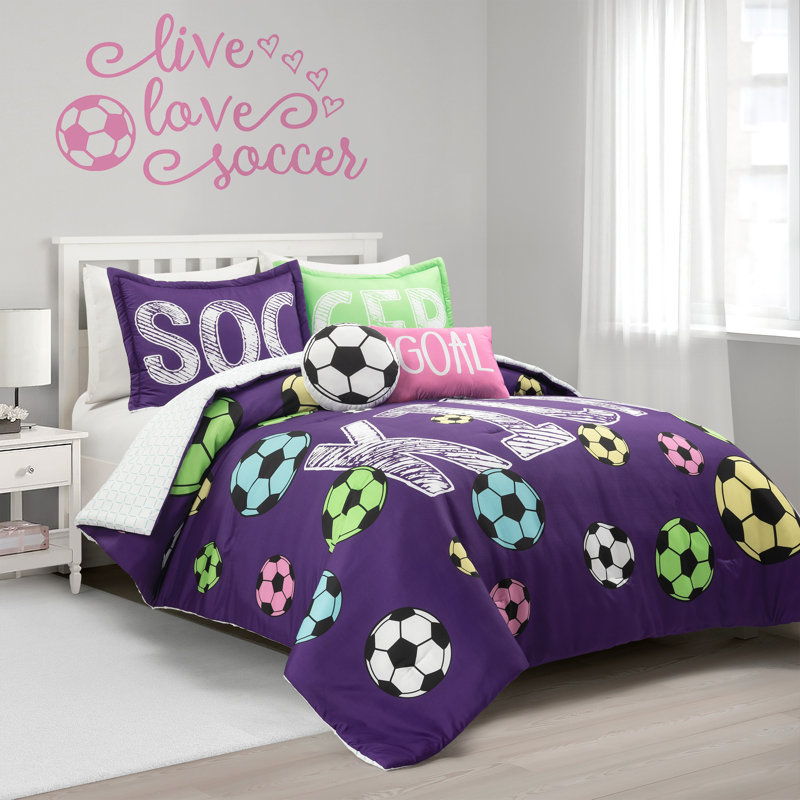 Girls Soccer Kick Reversible Oversized Comforter, Purple/Pink, Queen Comforter + 4 Additional Pieces