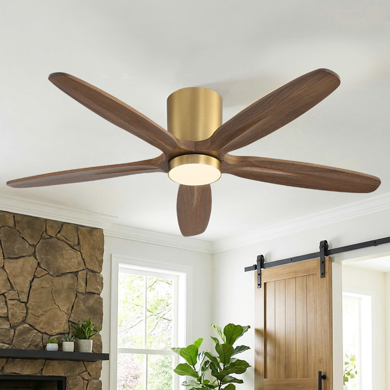 Ventilateur de plafond encastré standard à 5 pales de 54 po avec DEL intégrée et télécommande intégrée, Doré, Rose séchée