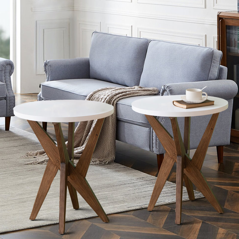 Jahey Solid Wood Crossed Legs Round End Table with Smooth Top and Sturdy Four-Leg Base, White Top/Walnut Brown Base