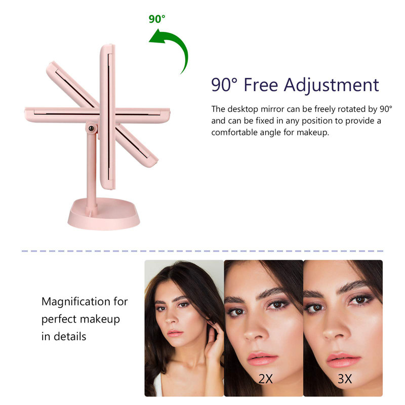 Pink Trifold Lighted Vanity Makeup Mirror with LED Lights