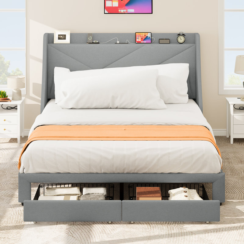 Genevi Storage Upholstered Bed with Built In USB Port, Gray