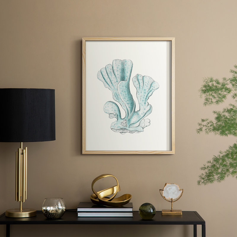 Reproduction encadrée antique de corail de style bord de mer - bois massif, H 11 po x l 9 po