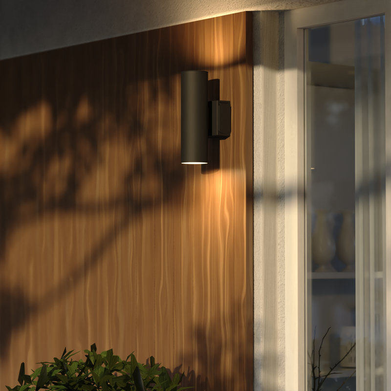 Berdeja 14.25 in. H 2-Light Textured Black Dusk to Dawn Sensor Outdoor Wall Sconce, Rust-Resistant Aluminum Metal Shade, Up-Down Wall Wash for Exterior Porch Patio Front Door or Garage