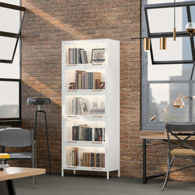 Vitrine en fer avec portes en verre, bibliothèque en acier à 5 niveaux avec lumières DEL pour objets de collection, vitrine de style moderne pour la maison, le salon, le bureau, la salle de jeux