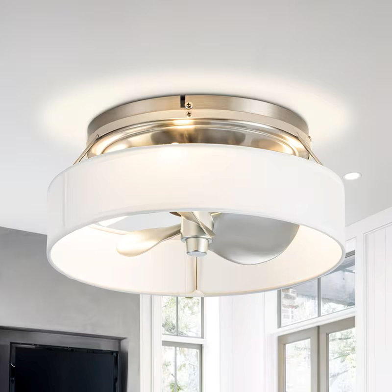 12.6In. Brushed Nickel Fabric Caged Flush Mount Ceiling Fan With Light And Remote