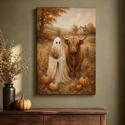 Tableau à l'huile sur toile tendue, représentant un fantôme et une vache des Highlands dans une scène d'automne à la ferme, 61 x 91 cm (24 x 36 pouces), prêt à accrocher.