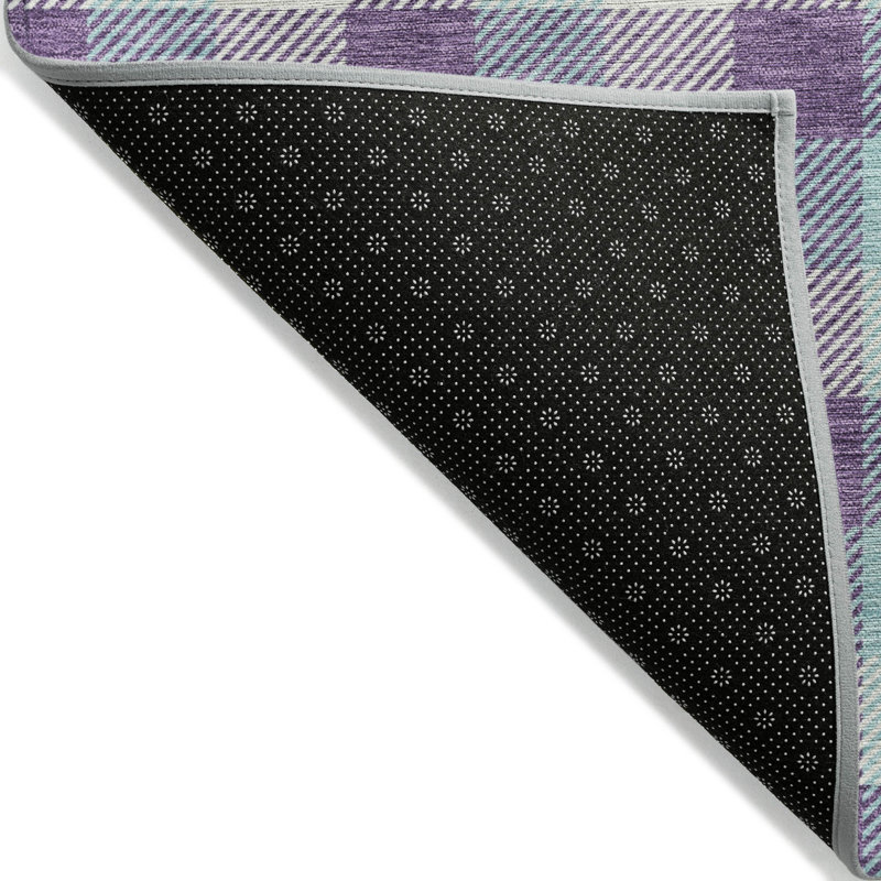 Purple and Aqua Plaid Washable Synthetic Area Rug
