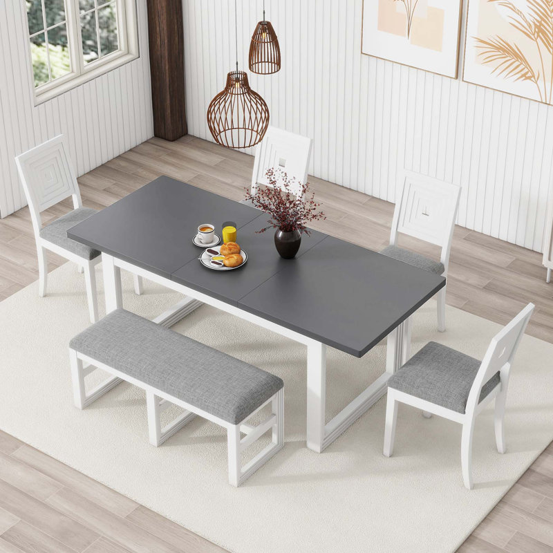 Modern 78inch 6-Piece Extendable Dining Table Set, Gray/White, Gray/White, Gray/White