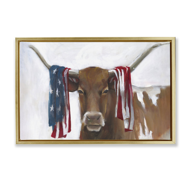 Longhorn patriotique avec cadre flottant, conception par White Ladder, H 21 po x l 31 po, Cadre flottant métallique doré