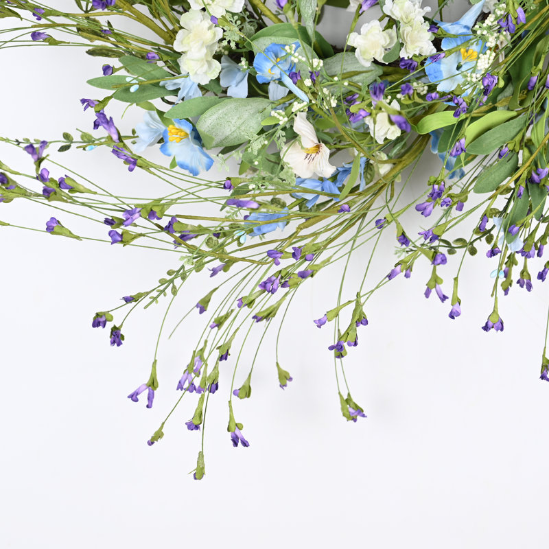 26" Artificial Spring Summer Greenery Foliage Blossoms Cluster Wildflower Floral Wreath For Front Door, Green/Purple