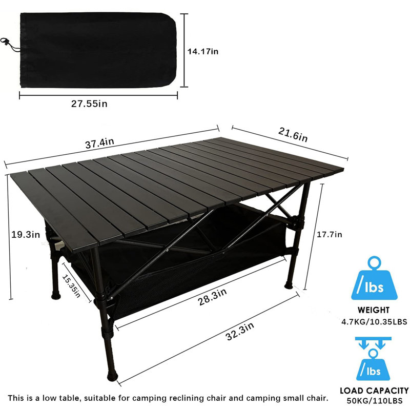 Table pliante portative rectangulaire, H 19,3 po x l 37,4 po x P 21,6 po
