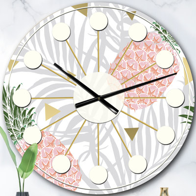 Ananas sur une feuille tropicale - horloge murale moderne Mid-Century