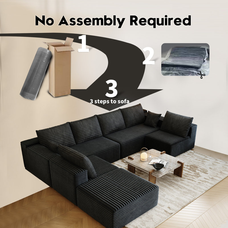 139.4" Modular Sectional Sofa, Oversized U-Shaped Minimalist Couches with 2 Middle Seats and 1 Ottoman Chaise, Modern Deep Seat Convertible Sleeper Sofa, Cloud Plush Corduroy Fabric,7 Seater
