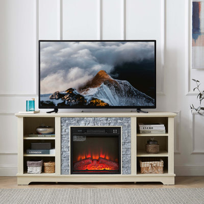 Electric Fireplace Stone TV Media Stand, Open Storage Modern Entertainment Console  Space With 18" Fireplace Insert, 58.31"W*15.39"D*26.06"H