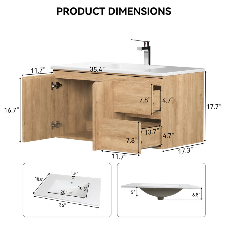 Meuble-lavabo flottant 36 po avec lavabo, deux tiroirs et portes, armoire de rangement murale 36 po avec lavabo en céramique encastrable