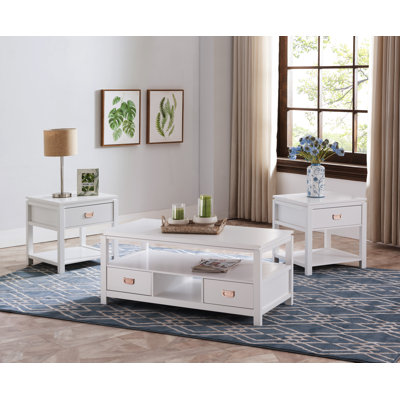 Groce 3 Piece White Finish Wood Storage Occasional Table Set, Coffee Table & 2 End Tables