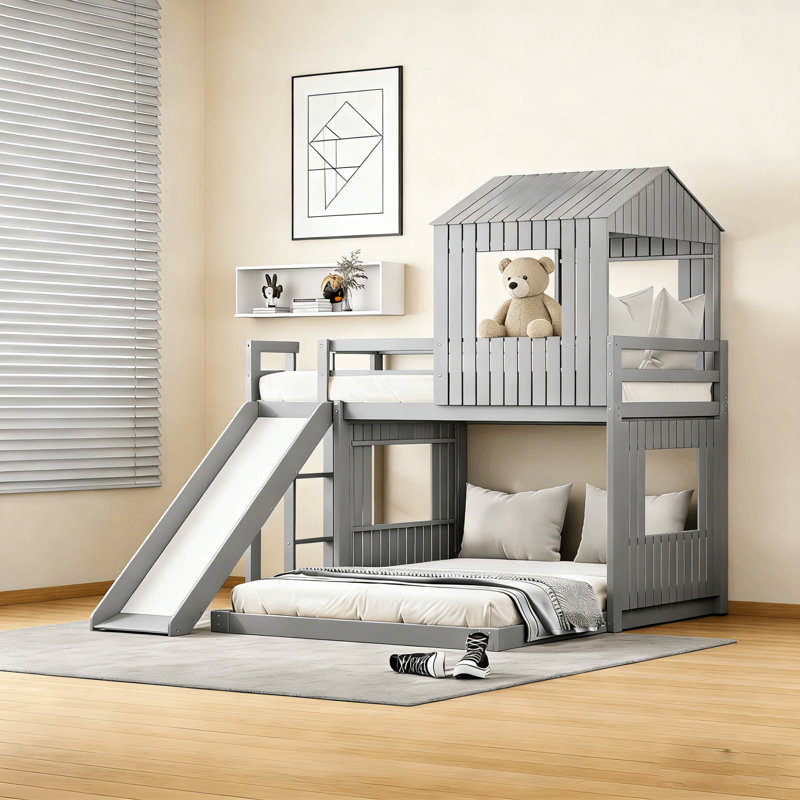Lit superposé en bois en forme de L avec glissoire Harper, Gris, Simple sur double