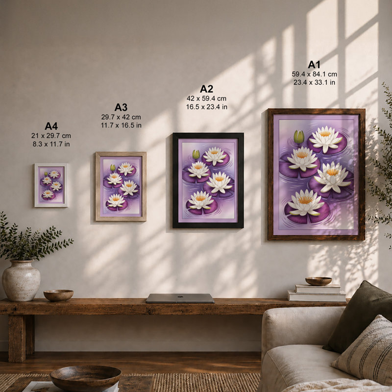 Floating Water Lilies Botanical - Print, Walnut, A3 - 42.0 x 29.7 cm