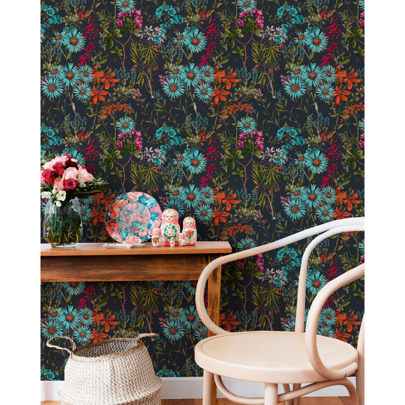 Hippie Spirit Floral Wallpaper Roll, Black/Green/Blue/Red
