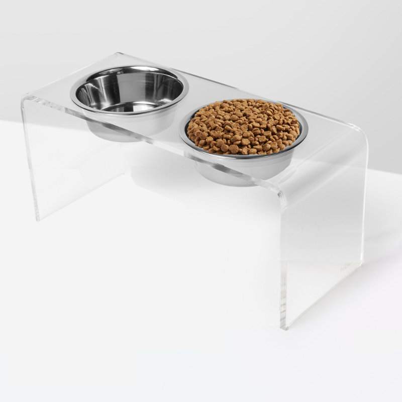 Tall Clear Elevated Feeder with Bowls, Silver, Clear