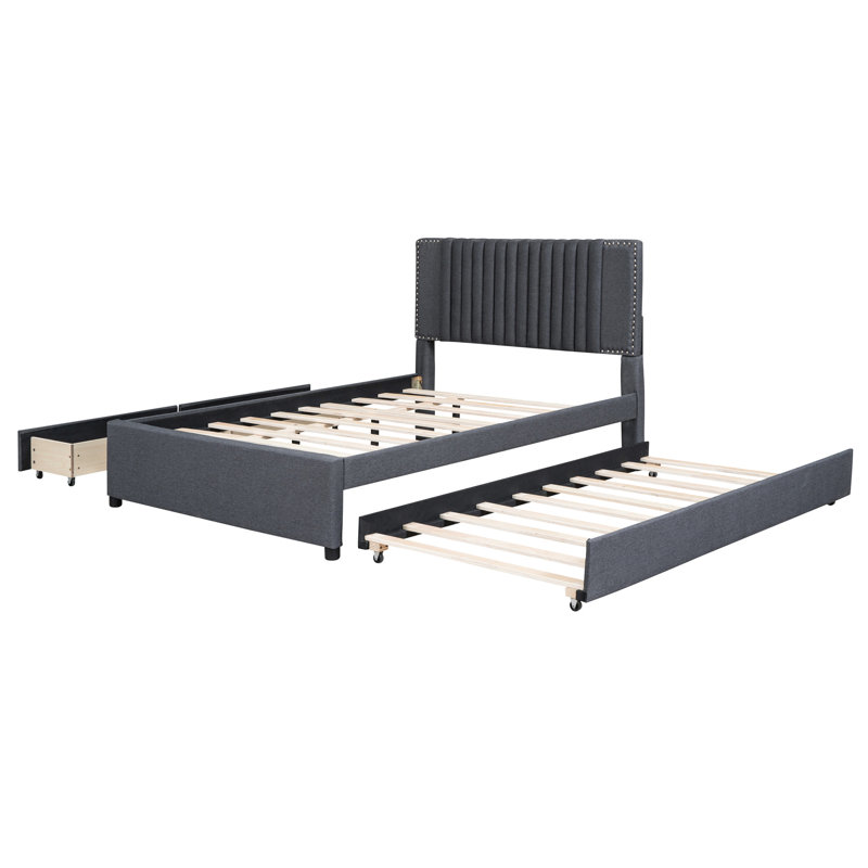 Lit plateforme tapissier gris avec 2 tiroirs et lit gigogne, tête de lit classique, matériau en contreplaqué, rangement dans la chambre à coucher supplémentaire, instructions d'assemblage faciles avec lit gigogne, style robuste