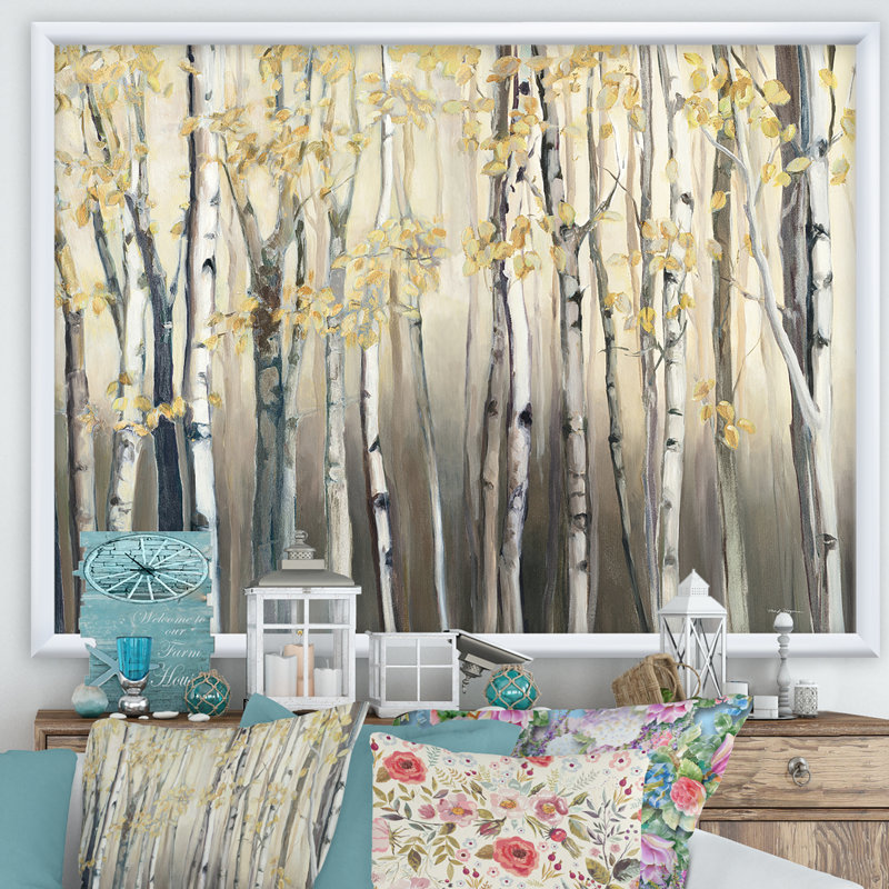 «Golden Birch Forest I», reproduction sur toile encadrée, H 30 po x l 40 po x P 1,5 po, Cadre blanc