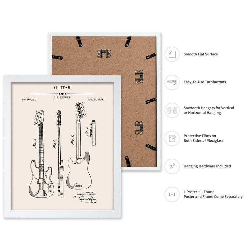 Plan de guitare électrique n ° 1, Affiche, H 18 po x l 24 po, Encadrement blanc