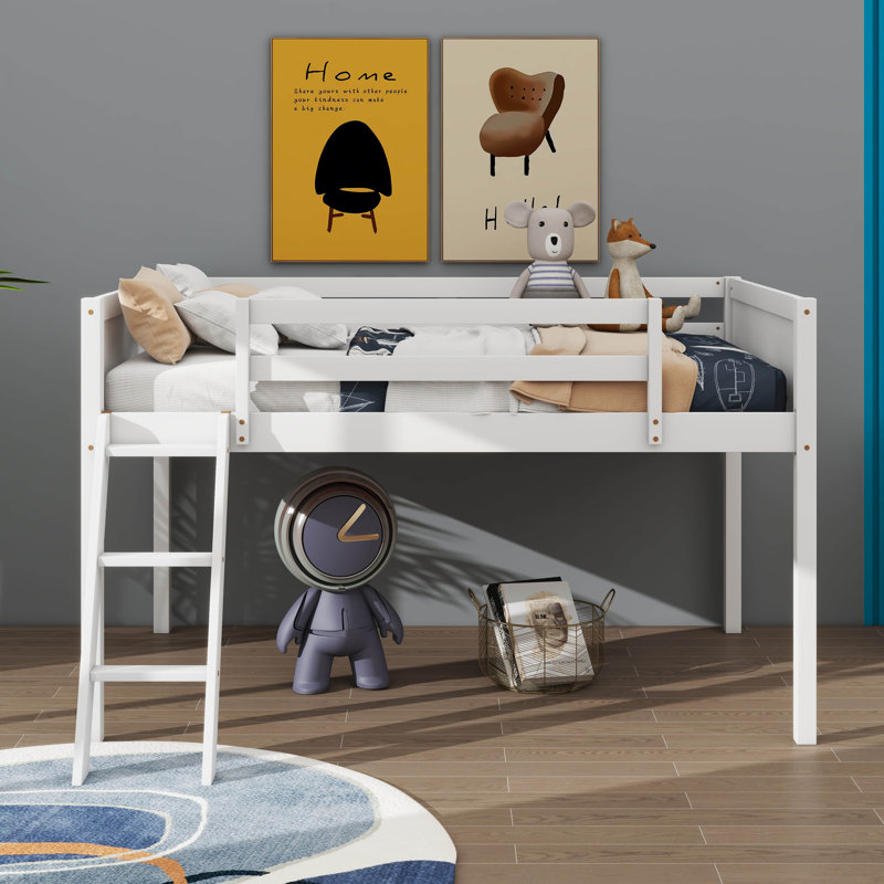 Twin size Wood Low Loft Bed with Ladder, White