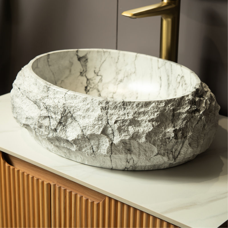Lavabo de salle de bain de 45,7 cm (18 po), lavabo ovale irrégulière en résine avec motif pierre, finition artistique, sans robinet, matériau plus fin pour un entretien rapide, 3 couleurs au choix, profondeur de 45,4 cm (17,88 po), largeur de 34,7 cm (13,68 po), hauteur de 15 cm (5,91 po).