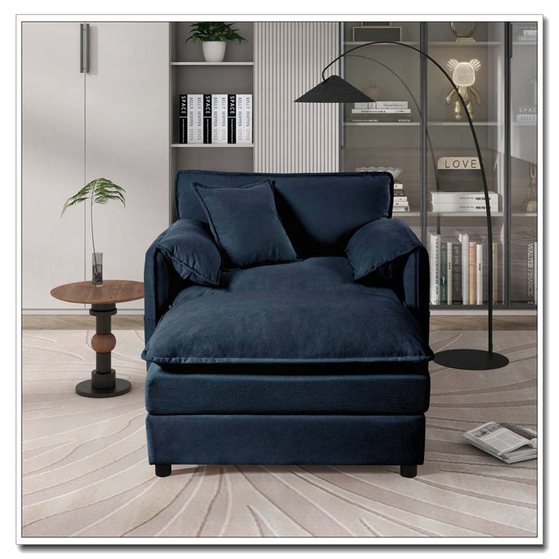 Fauteuil en tissu d'ameublement avec repose-pieds Chenille, Bleu