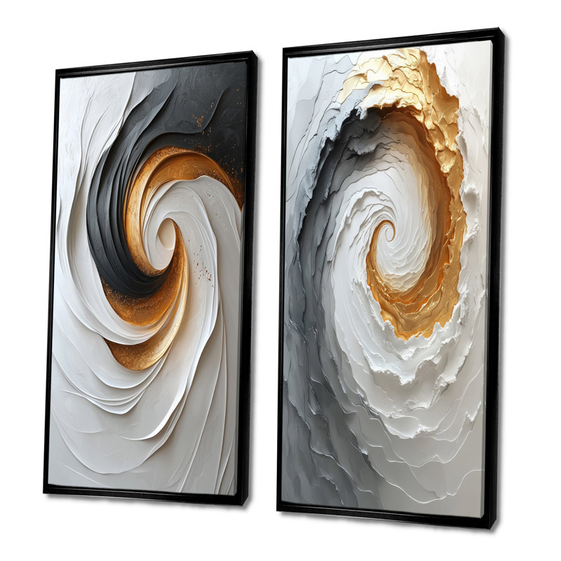 Tornade blanche et dorée abstraite I - ensemble de 2 pièces d'art abstrait en spirales, Cadre flottant noir