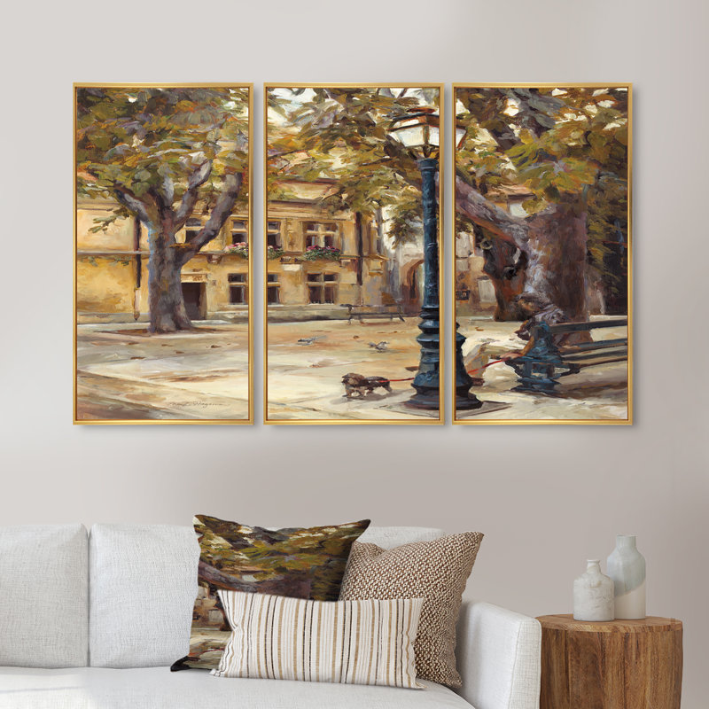 Provence French Village II - ensemble d'art mural sur toile encadré traditionnel de 3, H 20 po x l 36 po x P 1 po, Cadre doré